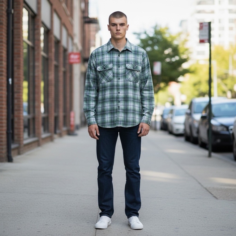 Vtg Fieldmaster Flannel Shirt Men L Tall Green Plaid Perma Prest Long Sleeve USA